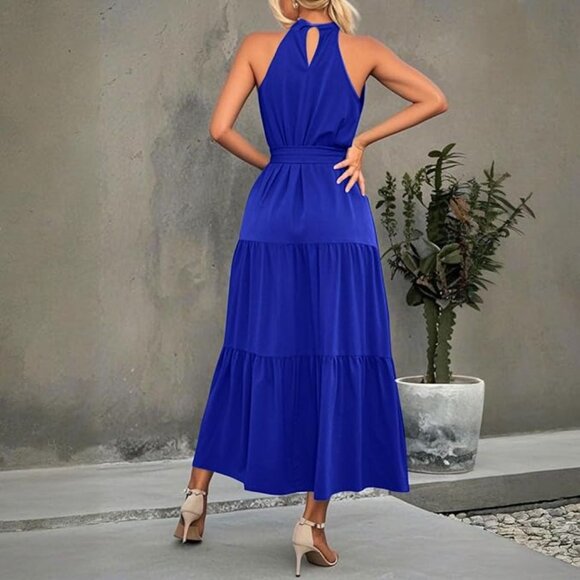 PRETTY GARDEN BLUE Maxi Halter Neck Ruffle Hem Dress Size XL - Picture 2 of 12